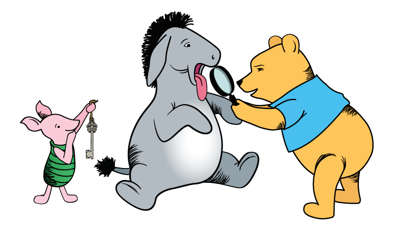 Winnie-the-Pooh looks in Eeyore's mouth with a magnifying glass while Piglet holds up a key.