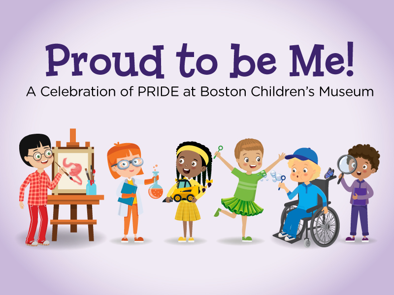 Banner illustration of kids, each one dressed in a color of the rainbow and doing a different activity
