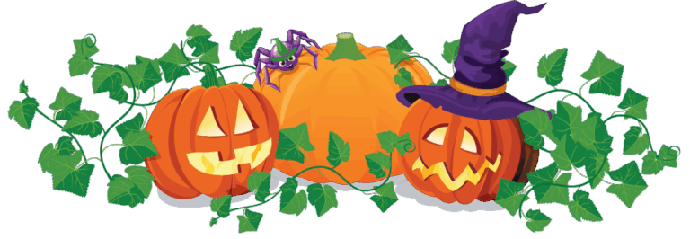 Festive Jack-o'-Lanterns and a friendly spider.
