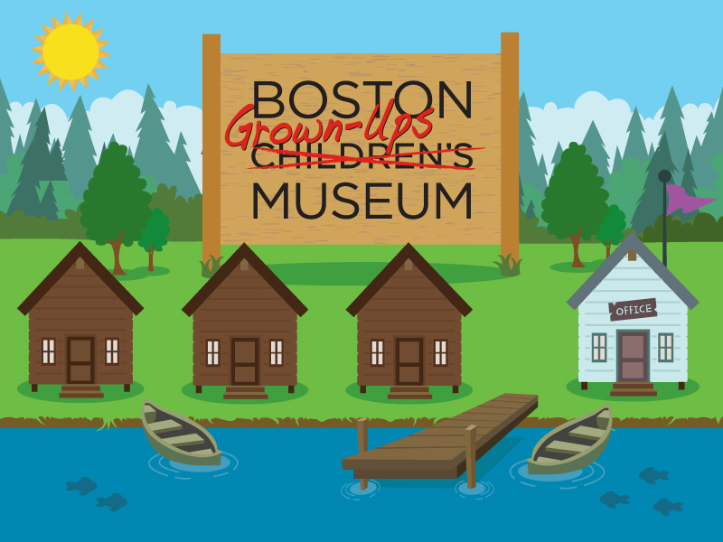 Illustration of a summer camp with a sign saying "Boston Grown-ups Museum"